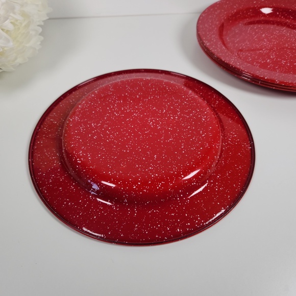 VTG Red & White Speckled Enamelware Plate 10"- Set of 4- Metal Stackable Plates - Picture 4 of 6